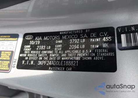 2020 Kia Forte Lxs z USA, uszkodzony, nr VIN 3KPF24AD0LE188821